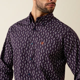 Close-up of Ariat Men’s Parry purple paisley shirt with embroidered logo