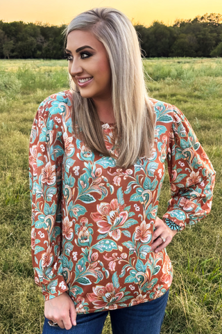 Sterling Kreek Women’s Wild Paisley long sleeve Western top with turquoise and rust floral print