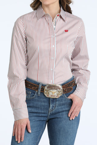 Cinch Women’s Red and Mint Pinstripe Western Button Shirt with contrast cuffs