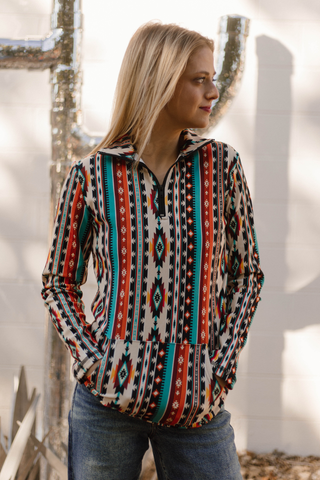 Sterling Kreek Sunburst Stampede Pullover with sunburst Aztec print – women’s Western fleece top