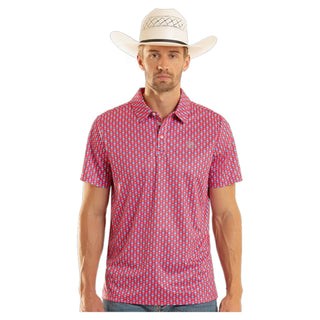     Close-up of Rock & Roll Denim Men’s Hot Pink Mini Aztec Geo Print Polo pattern and embroidered logo
