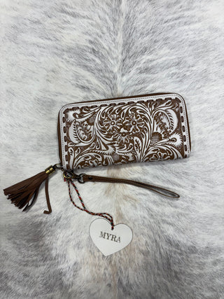 Myra Miss Western Wallet – hand-tooled genuine leather women’s wallet with floral scroll design, zip closure, and 5-inch leather handle.