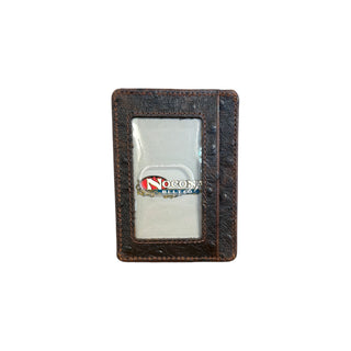nocona brown ostrich print leather money clip wallet with magnetic cash clip card slots and clear id window for western everyday carry
