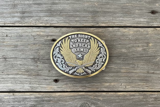 Nocona oval western belt buckle with eagle design and Right to Keep and Bear Arms lettering in silver and gold tones