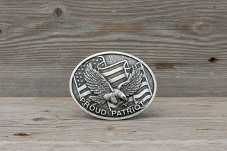 Nocona oval western belt buckle with eagle and American flag design and Proud Patriot lettering in silver tone