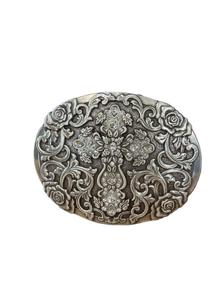 blazin roxx oval rhinestone cross western belt buckle floral silver