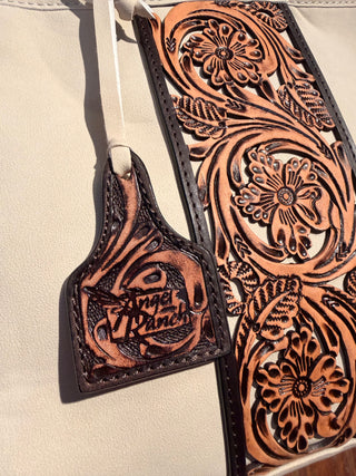 Angel Ranch Opal Small Tote in eggshell tooled leather – small Western tote with hand-tooled design and leather handles.