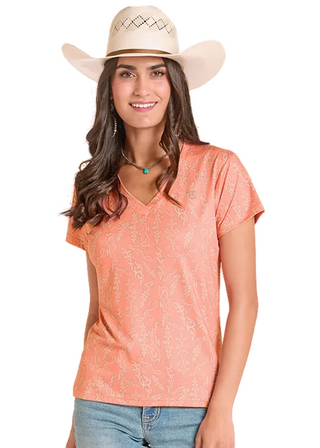 Panhandle Slim Women's Boot Stitch Print Perfect Tee in peach orange with cream Western scroll patterns, short sleeves, and a flattering V-neckline.