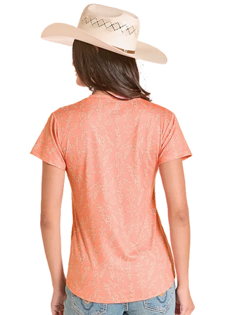 Back view of Panhandle Slim Women's Boot Stitch Print Perfect Tee featuring an allover peach-orange Western scroll print and short sleeves.