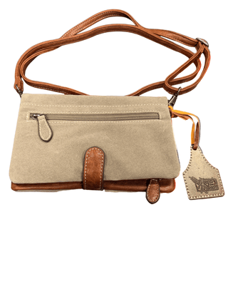 Angel Ranch Celia Crossbody Clutch – Gray Canvas Tooled Leather Western Bag - Cowboy SwaggerAngel Ranch Celia Crossbody Clutch – Gray Canvas Tooled Leather Western Bag