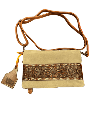 Angel Ranch Celia Crossbody Clutch – Gray Canvas Tooled Leather Western Bag - Cowboy SwaggerAngel Ranch Celia Crossbody Clutch – Gray Canvas Tooled Leather Western Bag