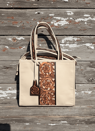 Angel Ranch Opal Small Tote – Tooled Eggshell Leather Western Handbag - Cowboy SwaggerAngel Ranch Opal Small Tote – Tooled Eggshell Leather Western Handbag