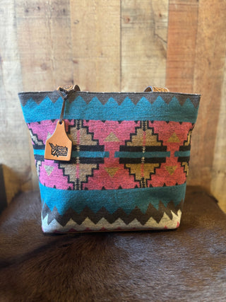 Angel Ranch Pink Woven Blanket Conceal Carry Shoulder Bag with Tooled Leather Straps - Cowboy SwaggerAngel Ranch Pink Woven Blanket Conceal Carry Shoulder Bag with Tooled Leather Straps