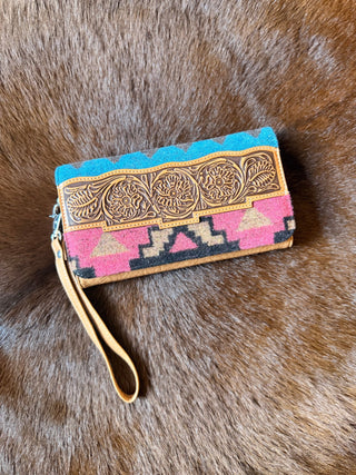 Angel Ranch Pink Woven Blanket Wallet with Tooled Leather & Wrist Strap - Cowboy SwaggerAngel Ranch Pink Woven Blanket Wallet with Tooled Leather & Wrist Strap