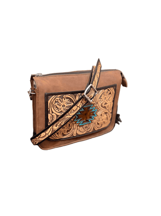 Angel Ranch Selene Crossbody – Western Tooled Leather Bag with Hide - On Aztec Detail - Cowboy SwaggerAngel Ranch Selene Crossbody – Western Tooled Leather Bag with Hide - On Aztec Detail