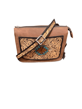 Angel Ranch Selene Crossbody – Western Tooled Leather Bag with Hide - On Aztec Detail - Cowboy SwaggerAngel Ranch Selene Crossbody – Western Tooled Leather Bag with Hide - On Aztec Detail