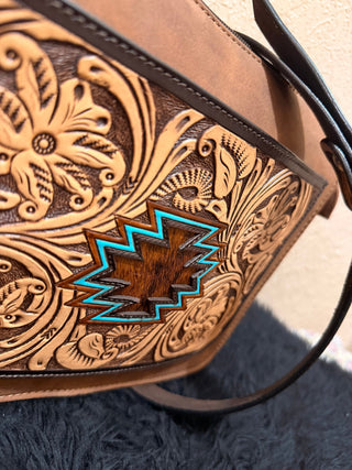 Angel Ranch Selene Crossbody – Western Tooled Leather Bag with Hide - On Aztec Detail - Cowboy SwaggerAngel Ranch Selene Crossbody – Western Tooled Leather Bag with Hide - On Aztec Detail