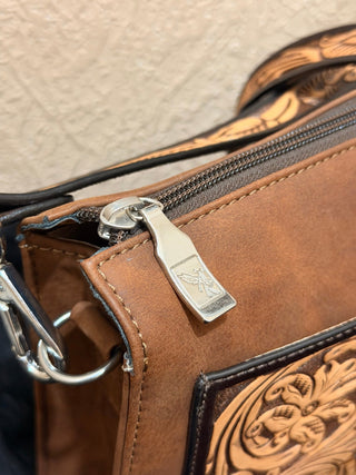 Angel Ranch Selene Crossbody – Western Tooled Leather Bag with Hide - On Aztec Detail - Cowboy SwaggerAngel Ranch Selene Crossbody – Western Tooled Leather Bag with Hide - On Aztec Detail