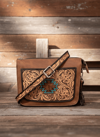 Angel Ranch Selene Crossbody – Western Tooled Leather Bag with Hide - On Aztec Detail - Cowboy SwaggerAngel Ranch Selene Crossbody – Western Tooled Leather Bag with Hide - On Aztec Detail