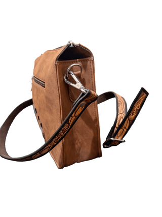 Angel Ranch Selene Crossbody – Western Tooled Leather Bag with Hide - On Aztec Detail - Cowboy SwaggerAngel Ranch Selene Crossbody – Western Tooled Leather Bag with Hide - On Aztec Detail