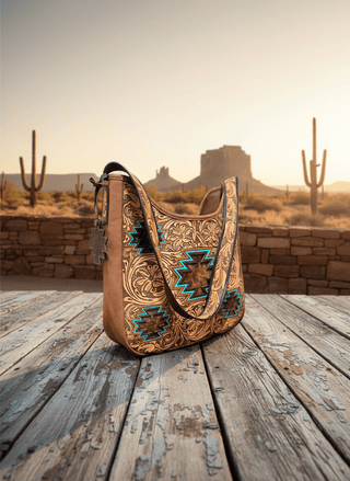 Angel Ranch Selene Shoulder Bag – Western Tooled Leather Handbag with Hide - On Aztec Detail - Cowboy SwaggerAngel Ranch Selene Shoulder Bag – Western Tooled Leather Handbag with Hide - On Aztec Detail