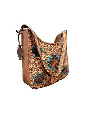 Angel Ranch Selene Shoulder Bag – Western Tooled Leather Handbag with Hide - On Aztec Detail - Cowboy SwaggerAngel Ranch Selene Shoulder Bag – Western Tooled Leather Handbag with Hide - On Aztec Detail