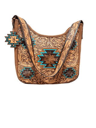 Angel Ranch Selene Shoulder Bag – Western Tooled Leather Handbag with Hide - On Aztec Detail - Cowboy SwaggerAngel Ranch Selene Shoulder Bag – Western Tooled Leather Handbag with Hide - On Aztec Detail