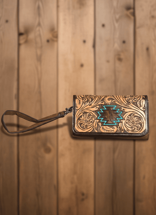 Angel Ranch Selene Western Wallet – Tooled Leather with Hair - On - Hide and Aztec Detail - Cowboy SwaggerAngel Ranch Selene Western Wallet – Tooled Leather with Hair - On - Hide and Aztec Detail