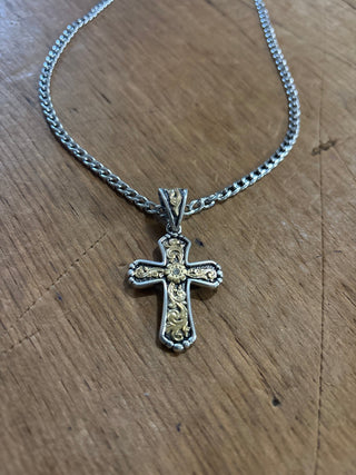 Antique Gold Floral Scroll Cross Pendant Chain Necklace - Cowboy SwaggerAntique Gold Floral Scroll Cross Pendant Chain NecklaceNecklaces