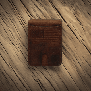 Ariat American Flag Leather Money Clip Wallet, back view showing clip