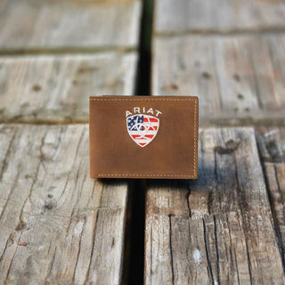 Ariat Bi-Fold Wallet, Aged Bark Leather with American Flag Embroidery, interior view