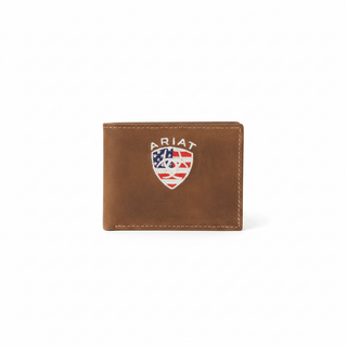 Ariat Bi-Fold Wallet, Aged Bark Leather with American Flag Embroidery, front view