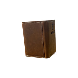 Ariat Brown Leather Shield Logo Trifold Wallet, logo detail