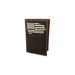Ariat Distressed Flag Leather Trifold Wallet, front view