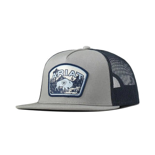 Ariat Grey Trucker Cap – Blue Bison Logo Patch – Adjustable Western Mesh Back Hat - Cowboy SwaggerAriat Grey Trucker Cap – Blue Bison Logo Patch – Adjustable Western Mesh Back Hat