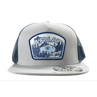 Ariat Grey Trucker Cap – Blue Bison Logo Patch – Adjustable Western Mesh Back Hat - Cowboy SwaggerAriat Grey Trucker Cap – Blue Bison Logo Patch – Adjustable Western Mesh Back Hat