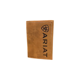 Ariat Large Logo Leather Trifold Wallet, Rich Tan, front view