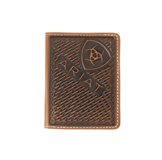 Ariat Men's Bi-Fold Flip Wallet, Brown Leather with Basket Weave and Sunburst Embossing, front view