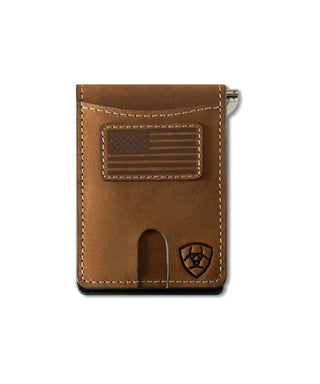 Ariat Men's Bi-Fold Money Clip Wallet, Aged Bark Leather with American Flag Patch, front view