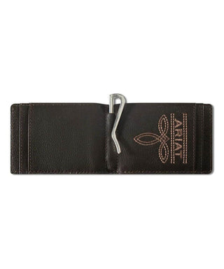 Ariat Men's Bi-Fold Money Clip Wallet, Aged Bark Leather with American Flag Patch, back view showing clip