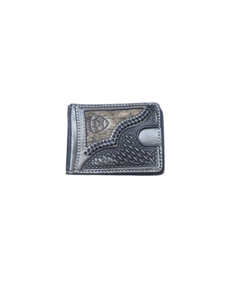 Ariat Men's Bi-Fold Money Clip Wallet, Chocolate Leather with Calf Hair Overlay, front view