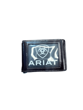 Ariat Men's Bi-Fold Money Clip Wallet, Chocolate Leather with Calf Hair Overlay, back view showing clip