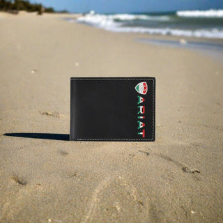 Ariat Men’s Bi - Fold Wallet – Black Leather with Mexico Flag Embroidered Logo - Cowboy SwaggerAriat Men’s Bi - Fold Wallet – Black Leather with Mexico Flag Embroidered LogoWallets & Money Clips
