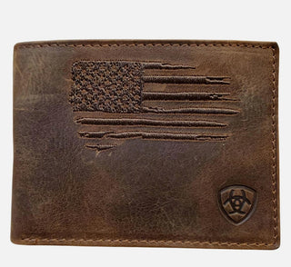 Ariat Men’s Bi - Fold Wallet – Distressed Leather with USA Flag & Shield Logo - Cowboy SwaggerAriat Men’s Bi - Fold Wallet – Distressed Leather with USA Flag & Shield LogoWallets & Money Clips