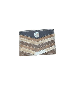Ariat Men's Bi-Fold Wallet, Leather with Calf Hair Chevron and Shield Concho, front view