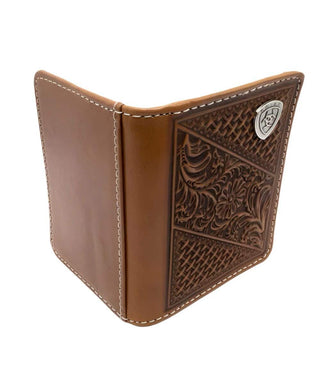 Ariat Men's Bifold Flip Wallet, Tan Leather with Basket Weave and Floral Embossing, front view