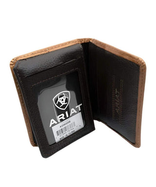 Ariat Men's Bifold Flip Wallet, Tan Leather with Basket Weave and Floral Embossing, interior view