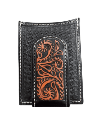 Ariat Men’s Card Case Wallet – Leather with Basket Weave, Sunburst & Filigree Money Clip - Cowboy SwaggerAriat Men’s Card Case Wallet – Leather with Basket Weave, Sunburst & Filigree Money ClipWallets & Money Clips
