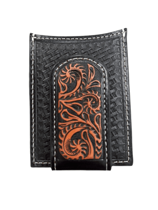 Ariat Men’s Card Case Wallet – Leather with Basket Weave, Sunburst & Filigree Money Clip - Cowboy SwaggerAriat Men’s Card Case Wallet – Leather with Basket Weave, Sunburst & Filigree Money Clip