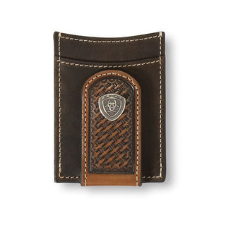 Ariat Men's Magnetic Money Clip Wallet, Two-Tone Leather with Basket Weave and Concho, front view